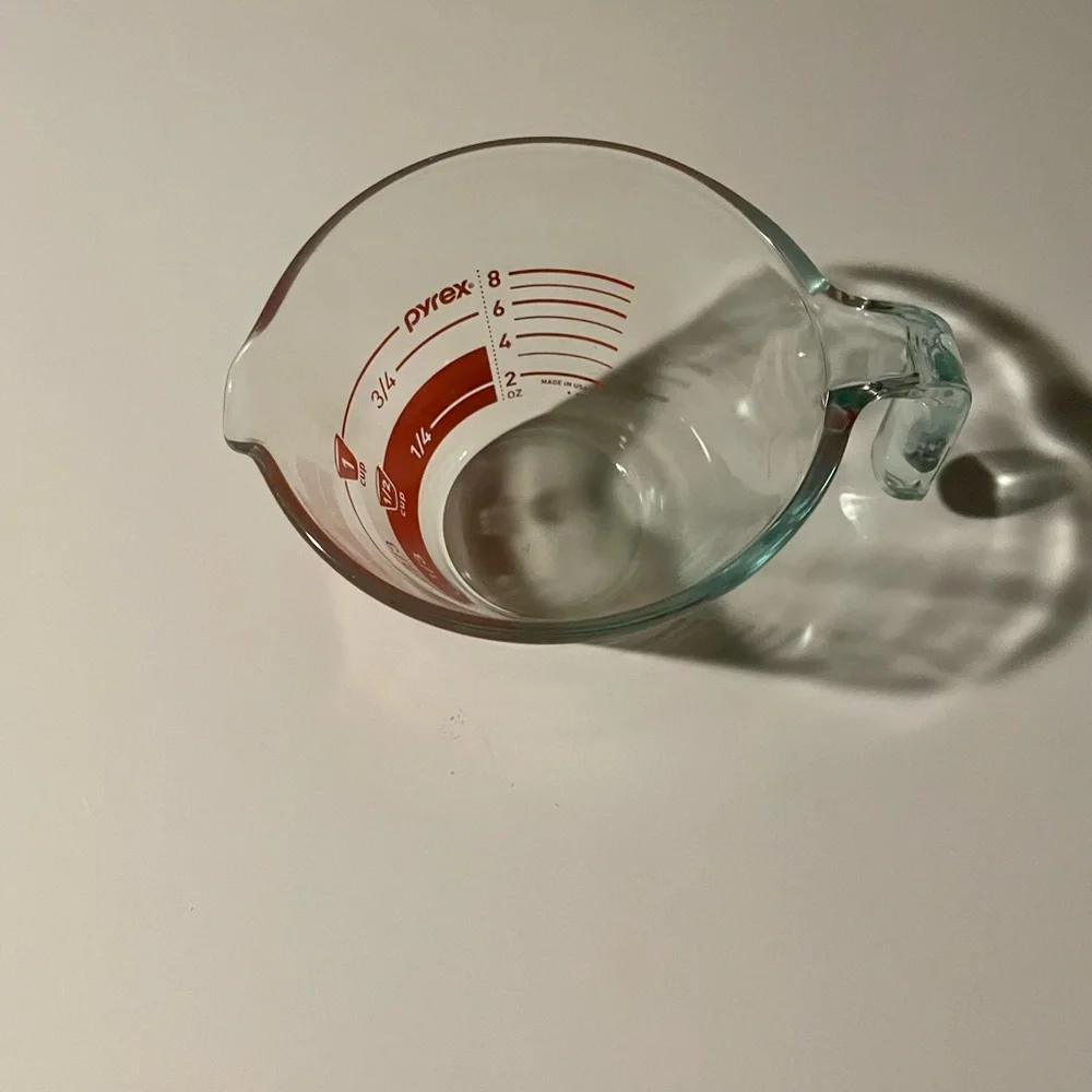 Vintage PYREX 1-Cup Glass Measuring Cup Reverse Read Red Inside Markings Good